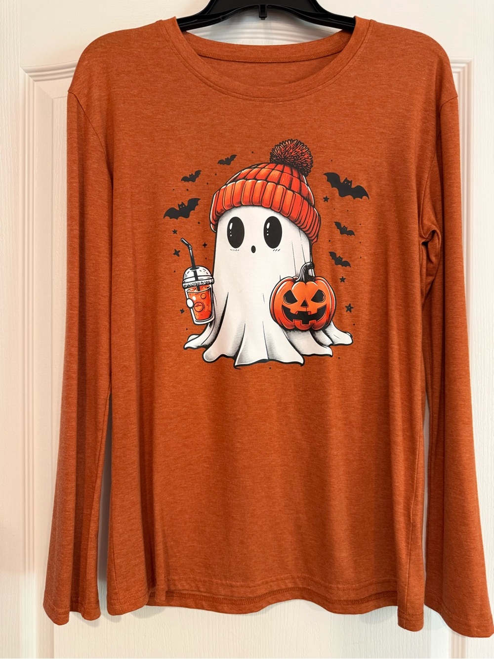 Women's Orange Halloween Ghost Long Sleeve Tee